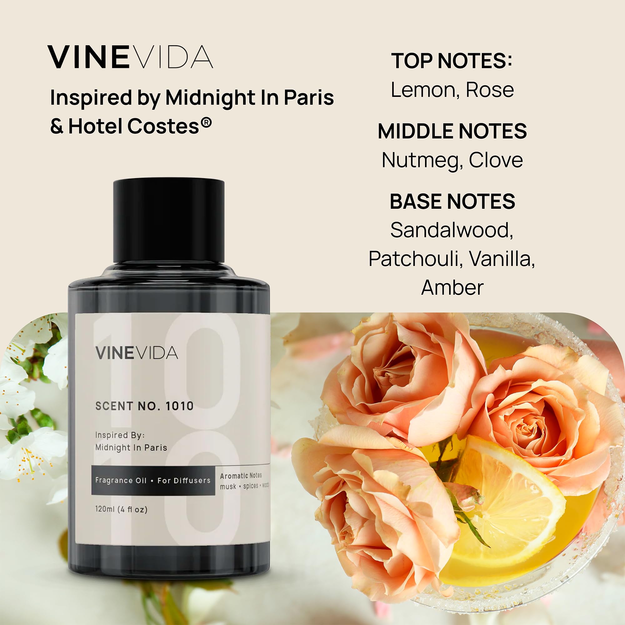 VINEVIDA No1012 fragrance oil bottle with diffuser promoting refined hotel-inspired atmosphere.
