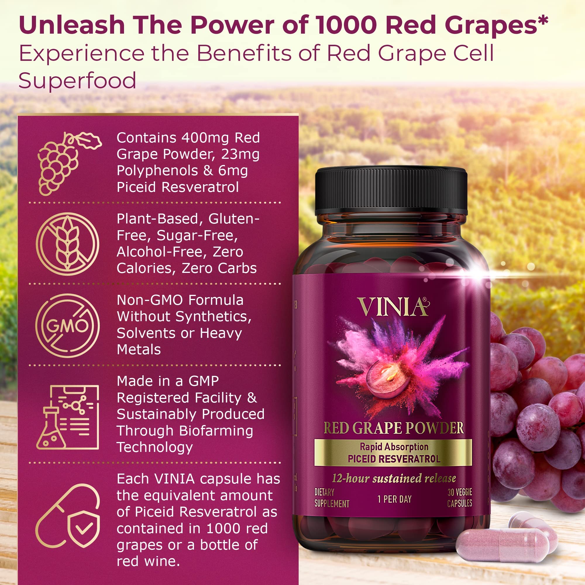 VINIA capsules close-up highlighting non GMO convenience