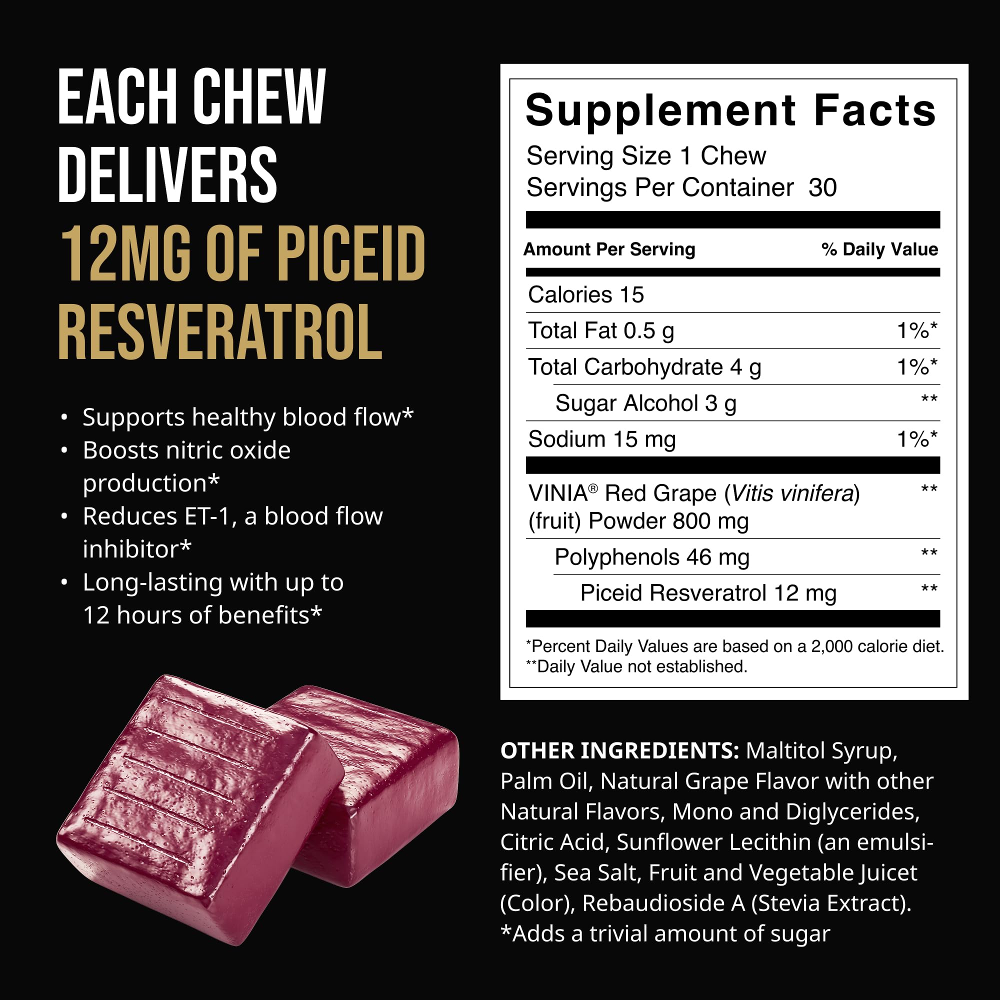 VINIA Resveratrol Heart Chews bottle back with non-GMO, gluten-free, sugar-free notes.