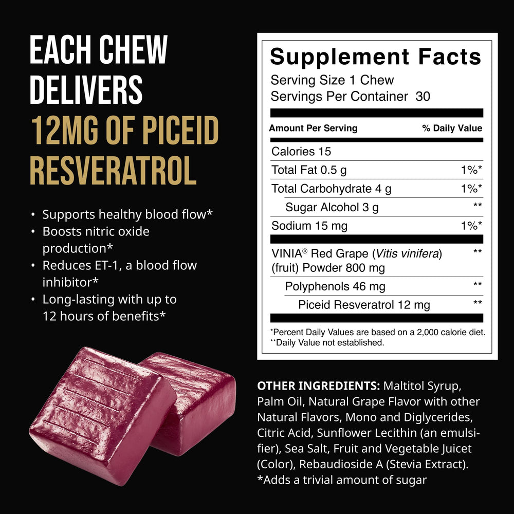 VINIA Resveratrol Heart Chews bottle back with non-GMO, gluten-free, sugar-free notes.