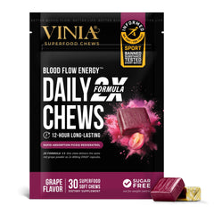 VINIA Resveratrol Heart Chews bottle front showing grape polyphenols for daily circulation support.