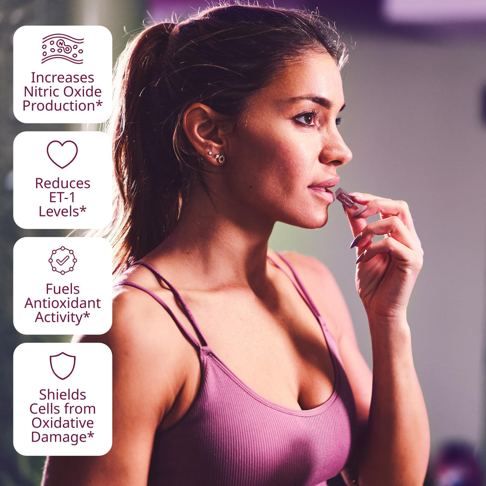 VINIA Resveratrol Heart Chews gluten-free and sugar-free packaging claim on packaging.