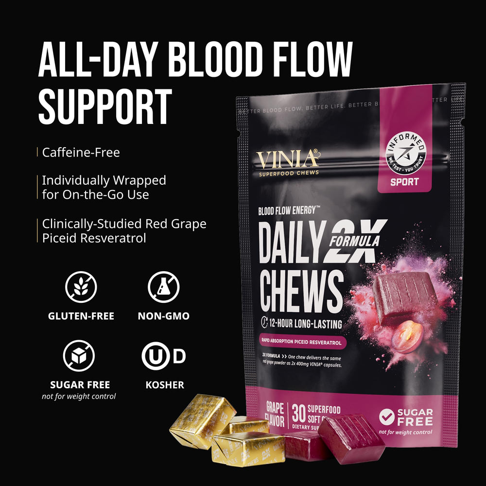 VINIA Resveratrol Heart Chews grape flavor packaging emphasizing stimulant-free energy potential.