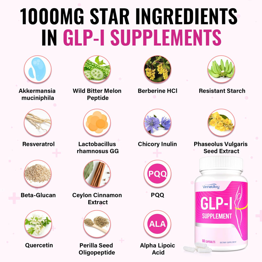 VINNETLLOY GLP-l ingredients pack shows natural components for balanced GLP-l support.