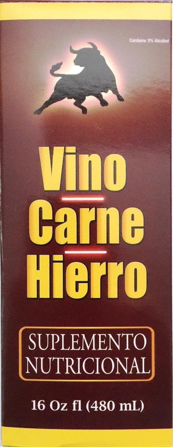Close-up of the Vino Carne Hierro 16oz 2-Pack label for easy identification and dosing.