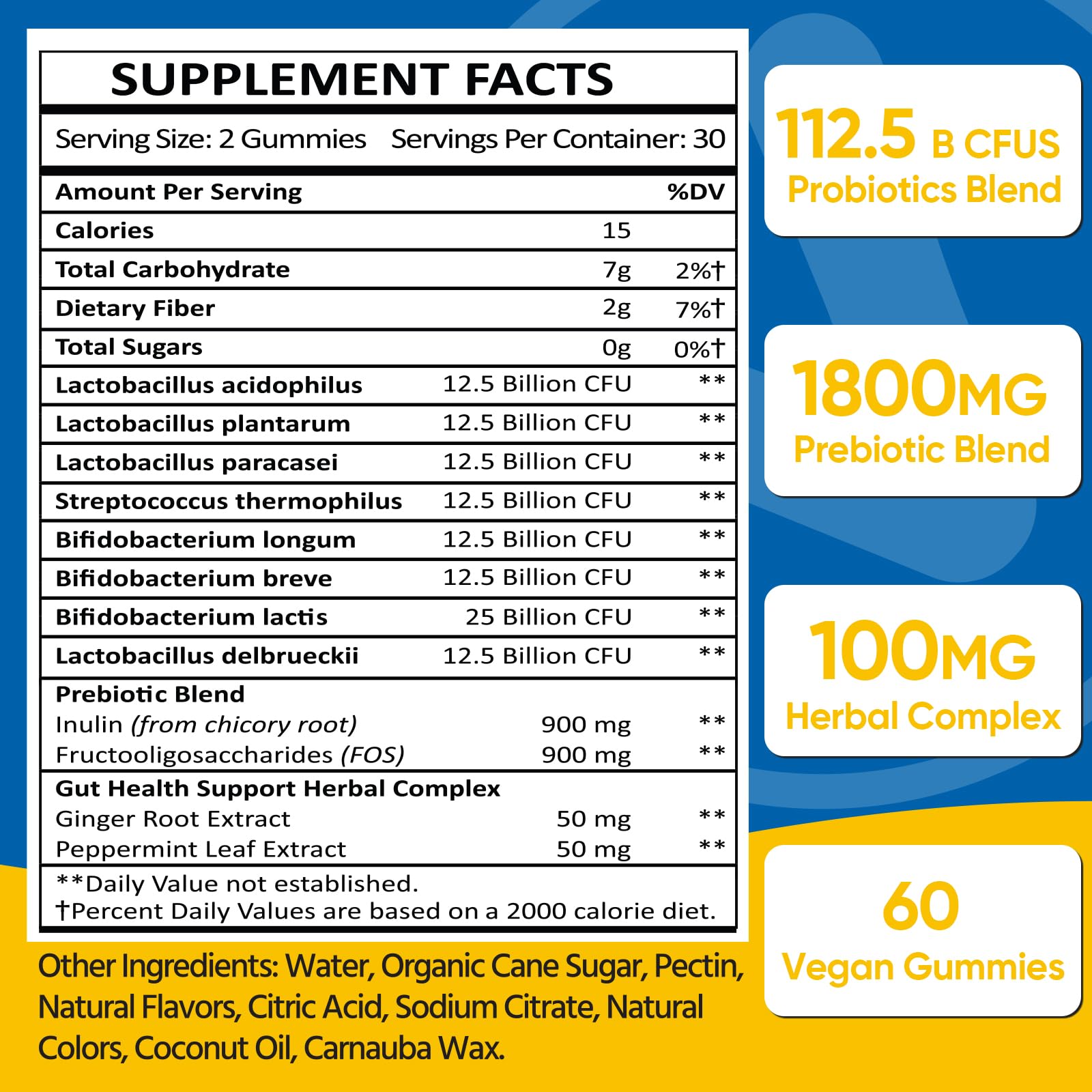 VIOAFSLSE Gut Health Gummies bottle-back displaying ingredients and potency.