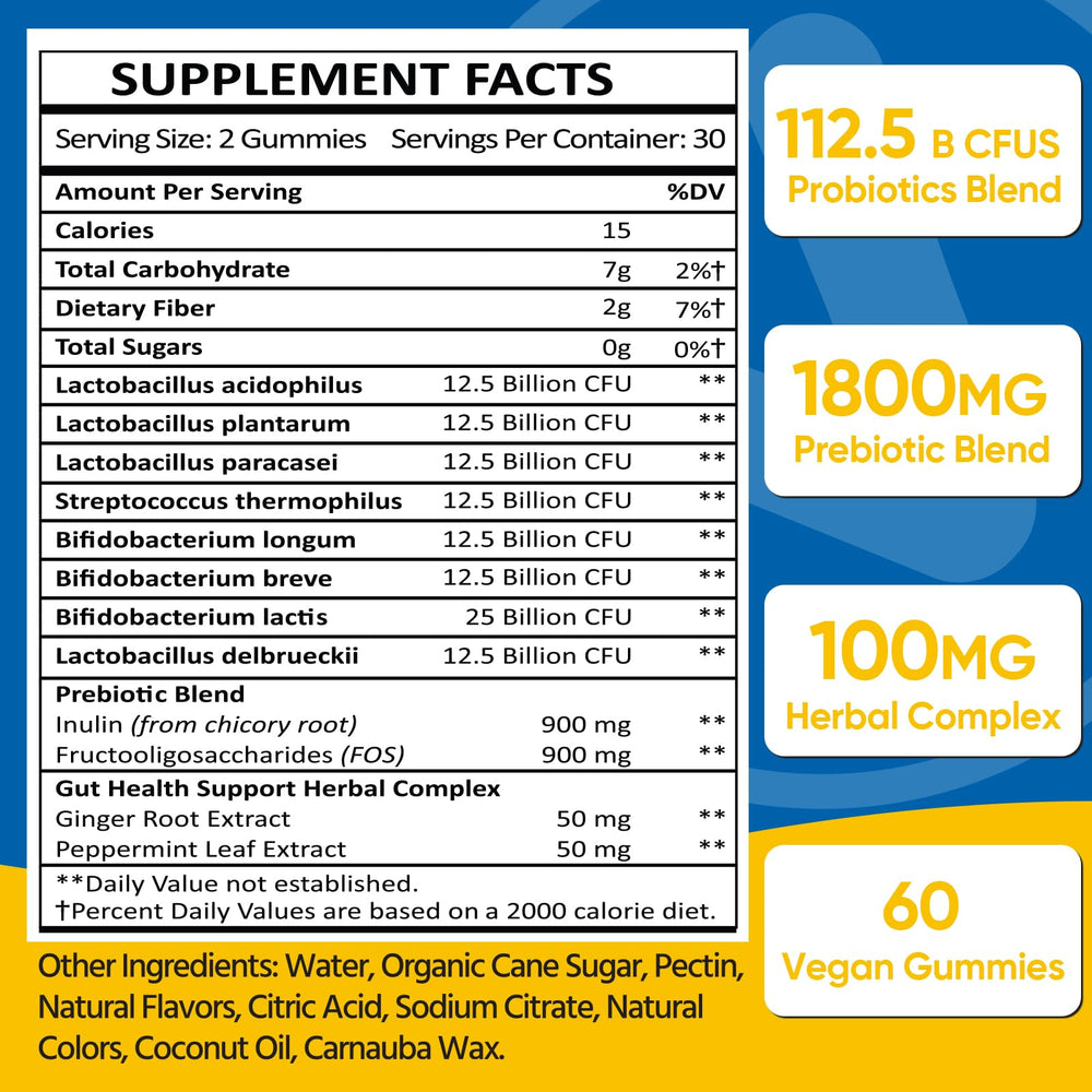 VIOAFSLSE Gut Health Gummies bottle-back displaying ingredients and potency.