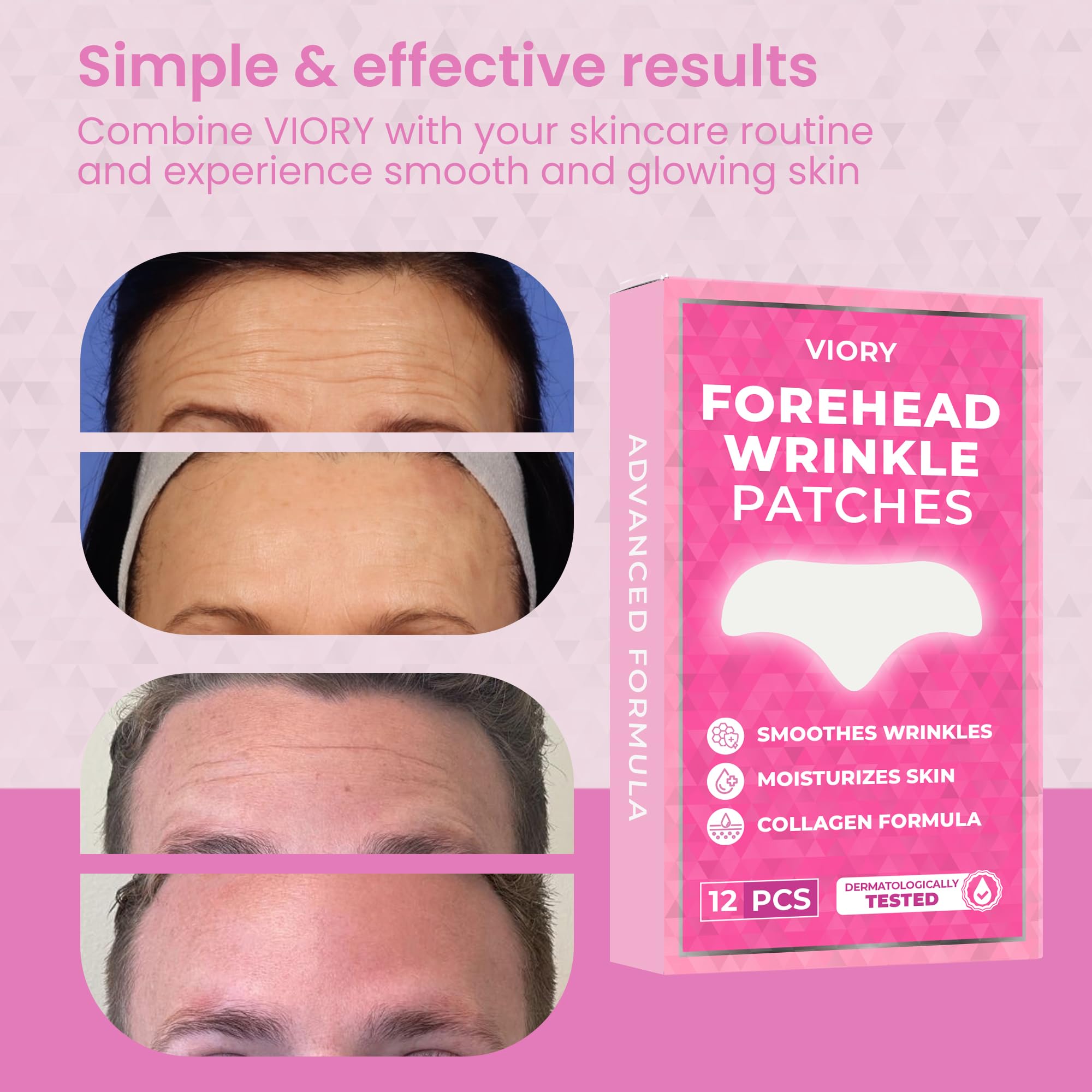 VIORY Forehead Patches application shows a flexible sheet for comfortable overnight wear.
