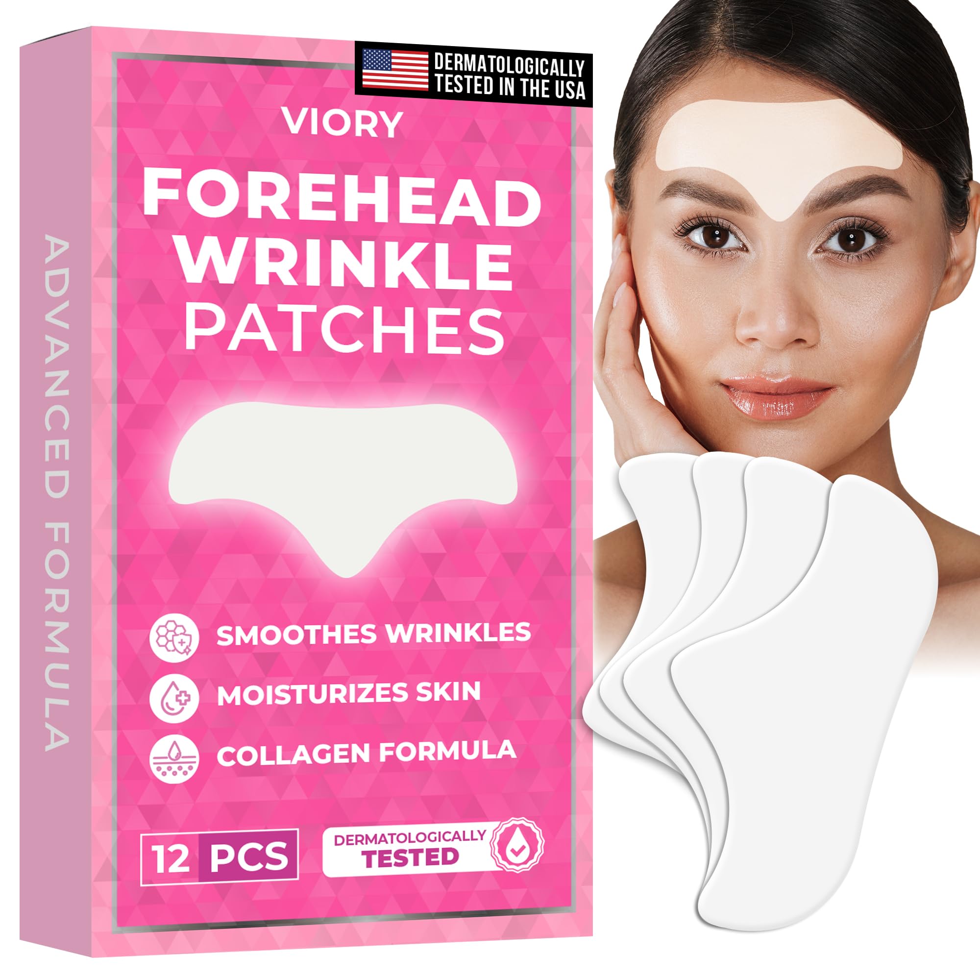 VIORY Forehead Patches pack for overnight smoothing with aloe, collagen, and hyaluronic acid.