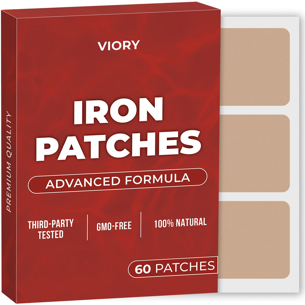 VIORY Iron Patches 60-pack box highlighting natural energy and focus support.