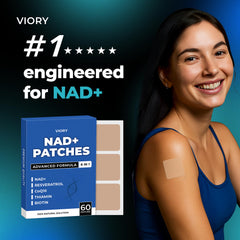 Close-up of VIORY NAD+ patches on skin during application for easy use.