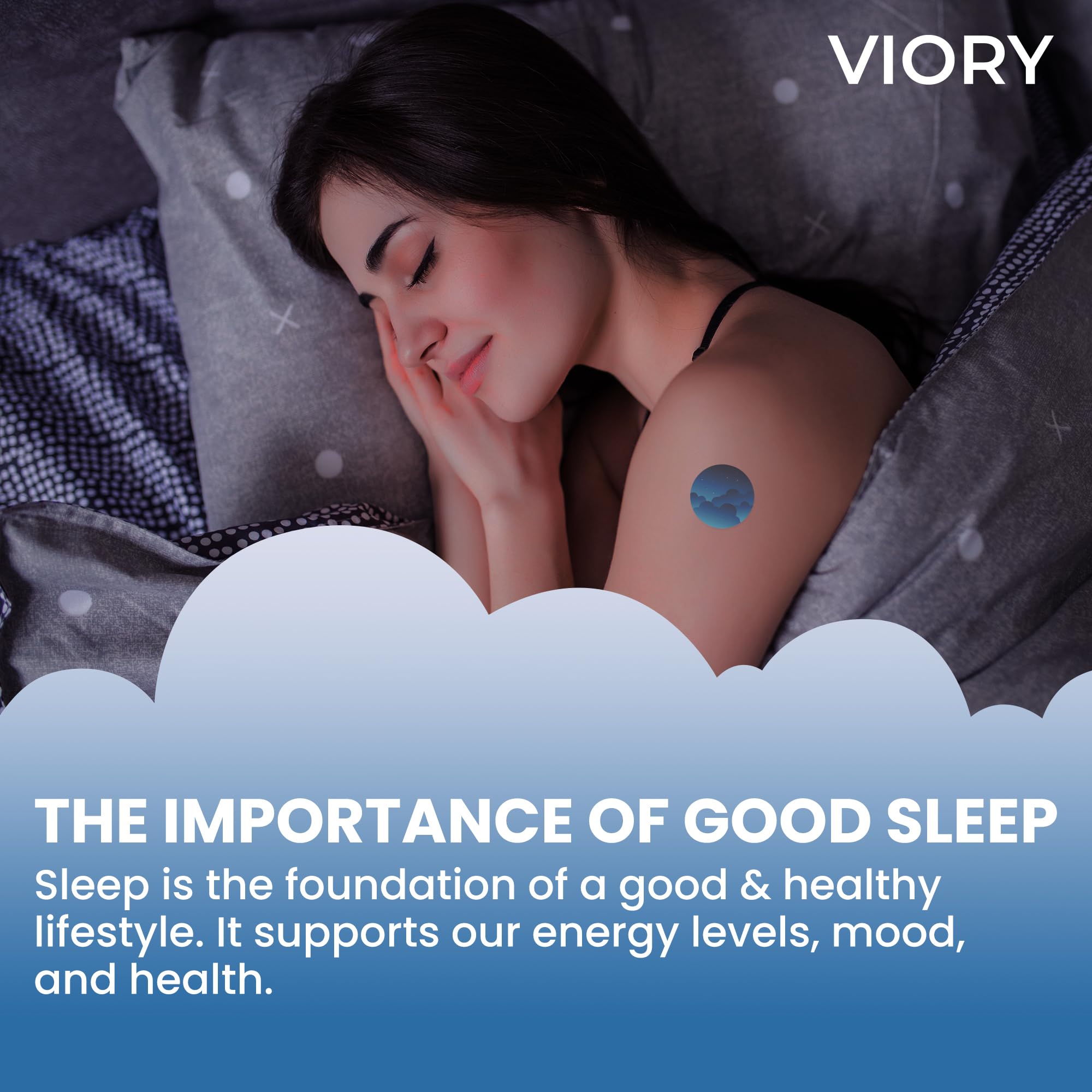 VIORY Sleep Patches arm-application demonstrates easy, skin-friendly placement for a night of rest.