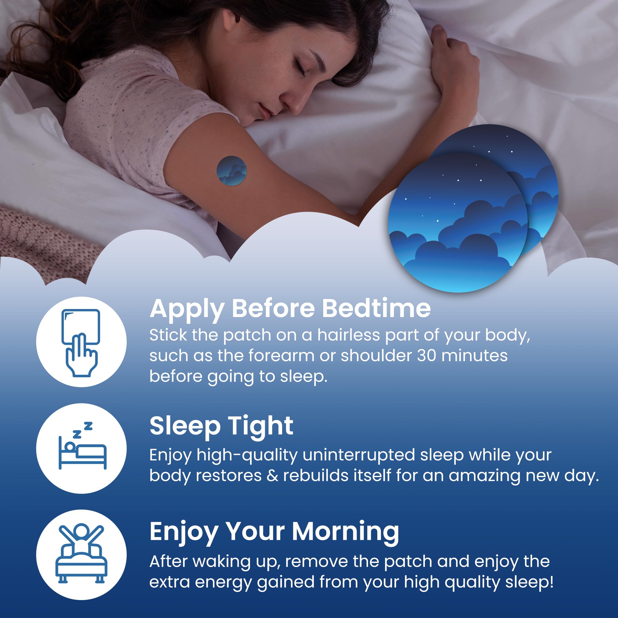 VIORY Sleep Patches night-use depiction emphasizes long-lasting wear from evening to morning.