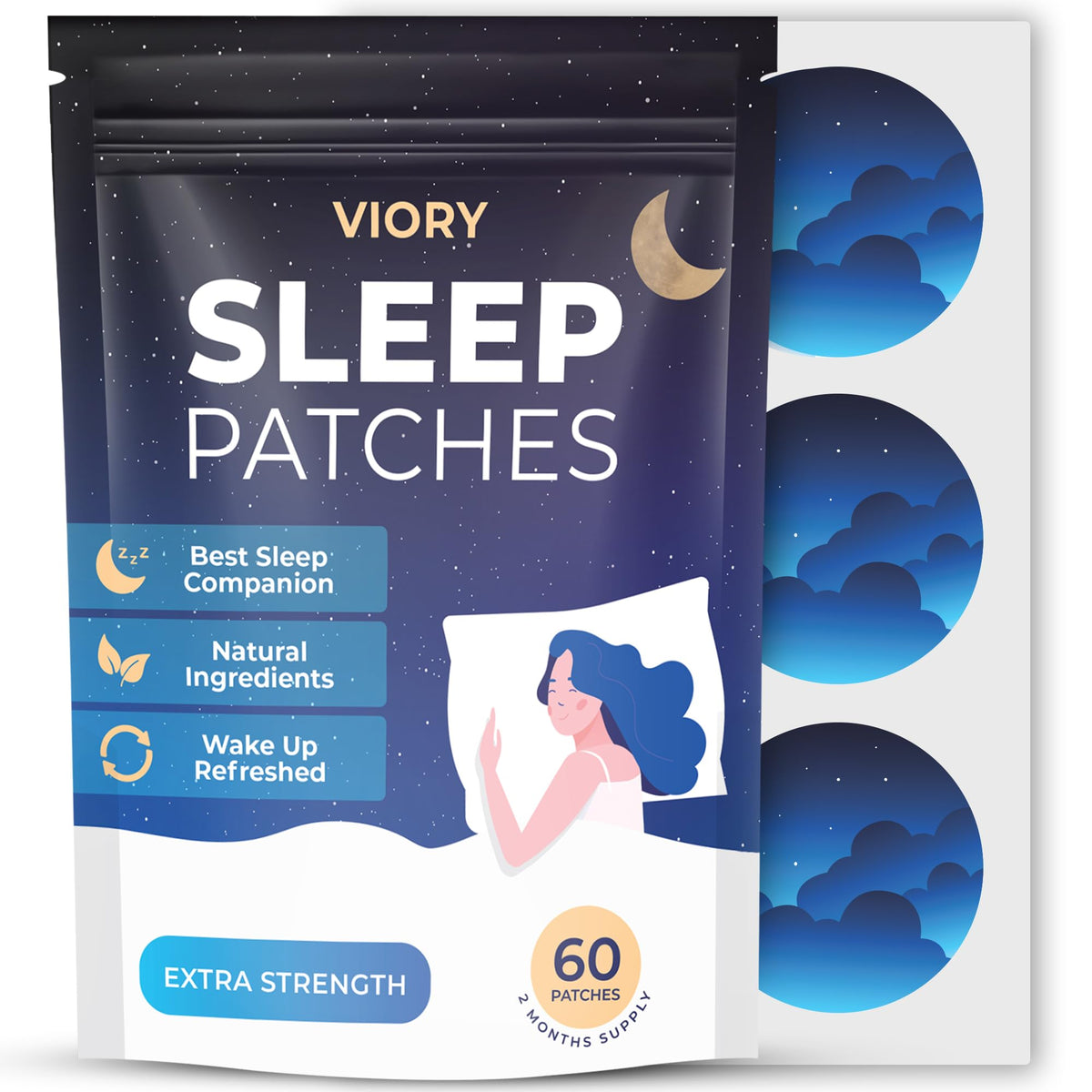 VIORY Sleep Patches packaging shows a ready-for-night routine with natural ingredients for restful nights.