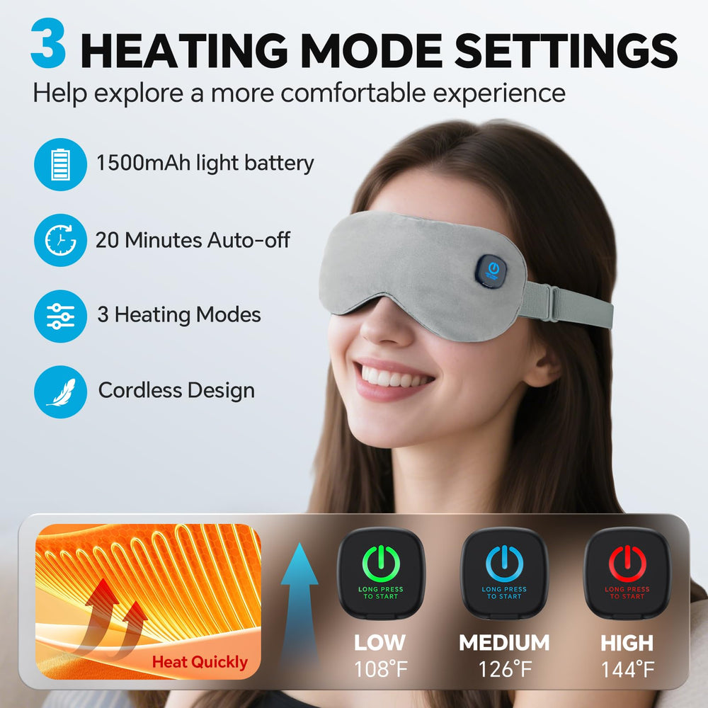 Visader eye mask with three heat settings for customizable warmth.