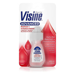 Visine Advanced Relief eye drops bottle shown for temporary redness support.