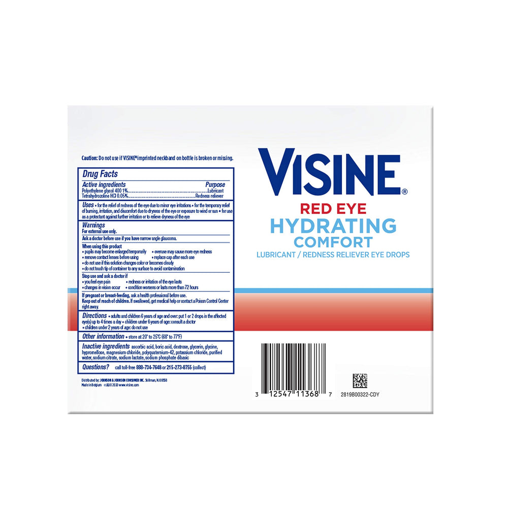Closeup of Visine bottle showing fast redness relief and moisture.