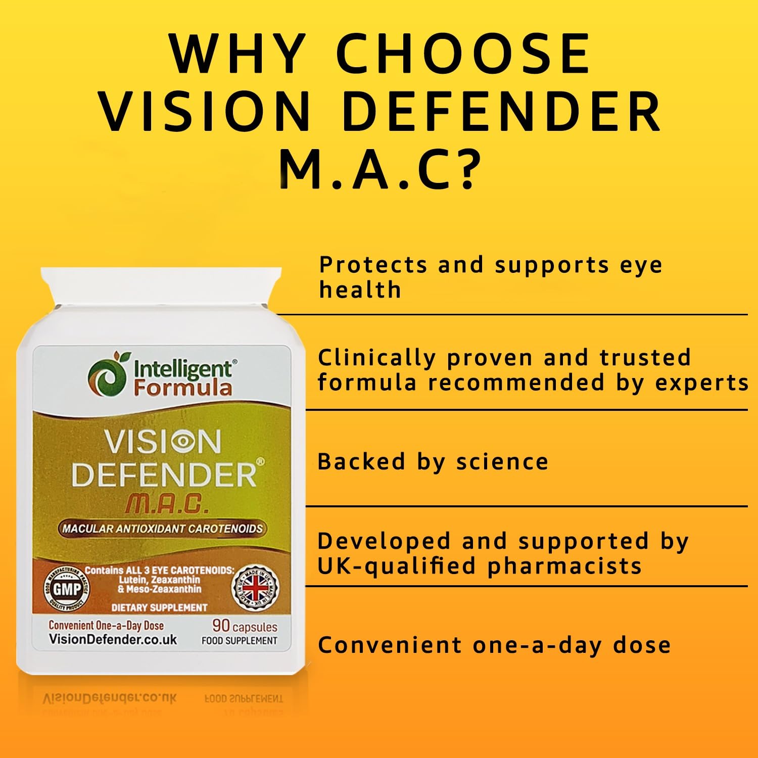Vision Defender MAC capsules closeup highlighting easy-to-swallow design for daily use.