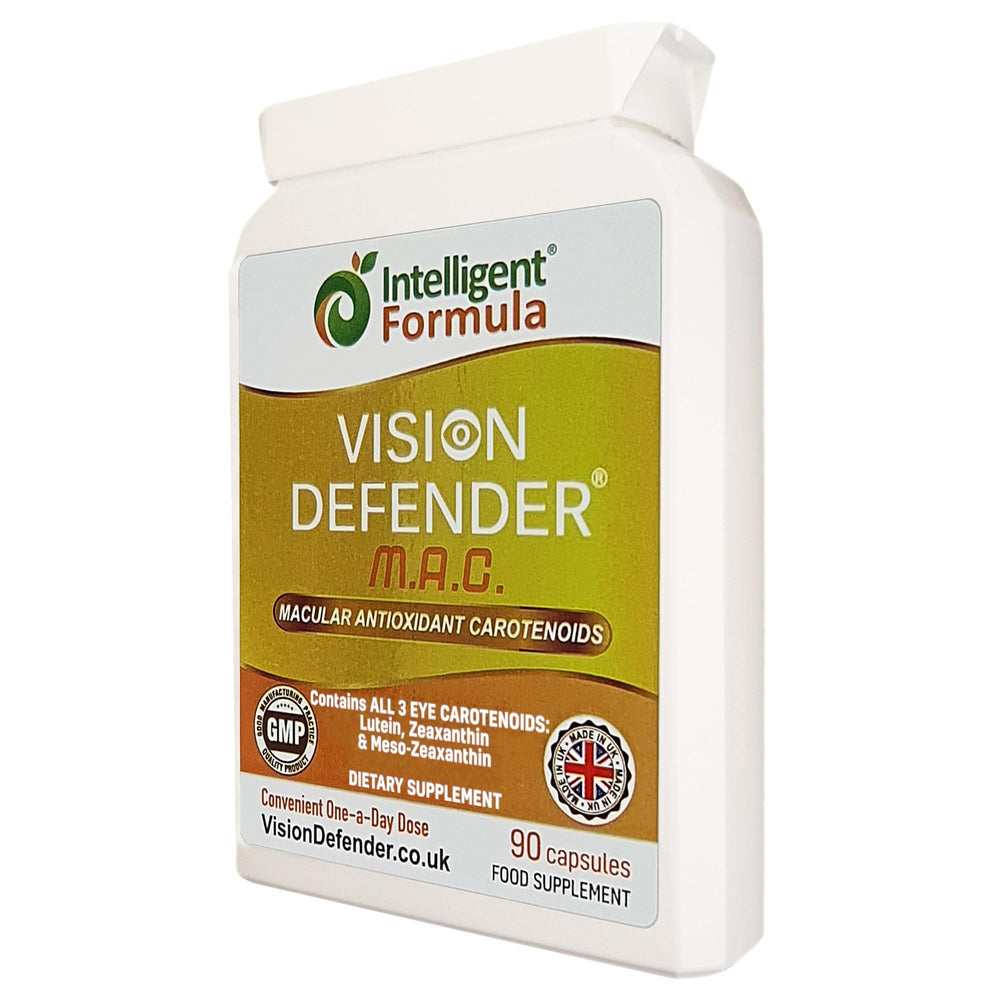 Vision Defender MAC ingredients label showing lutein, zeaxanthin, mesozeaxanthin blend.