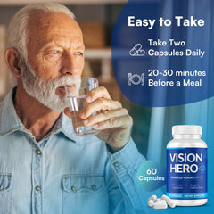 Vision Hero active-lifestyle scene suggests reading and outdoor moments supported by the formula.