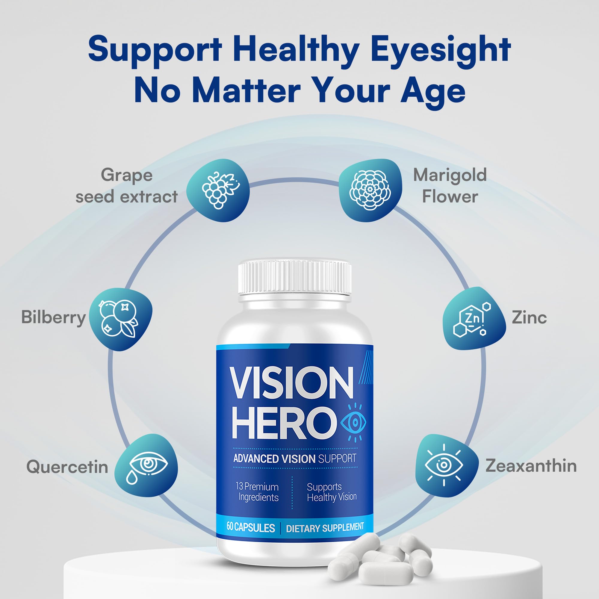 Vision Hero daily-use capsules shown in a close-up image for routine eye care.
