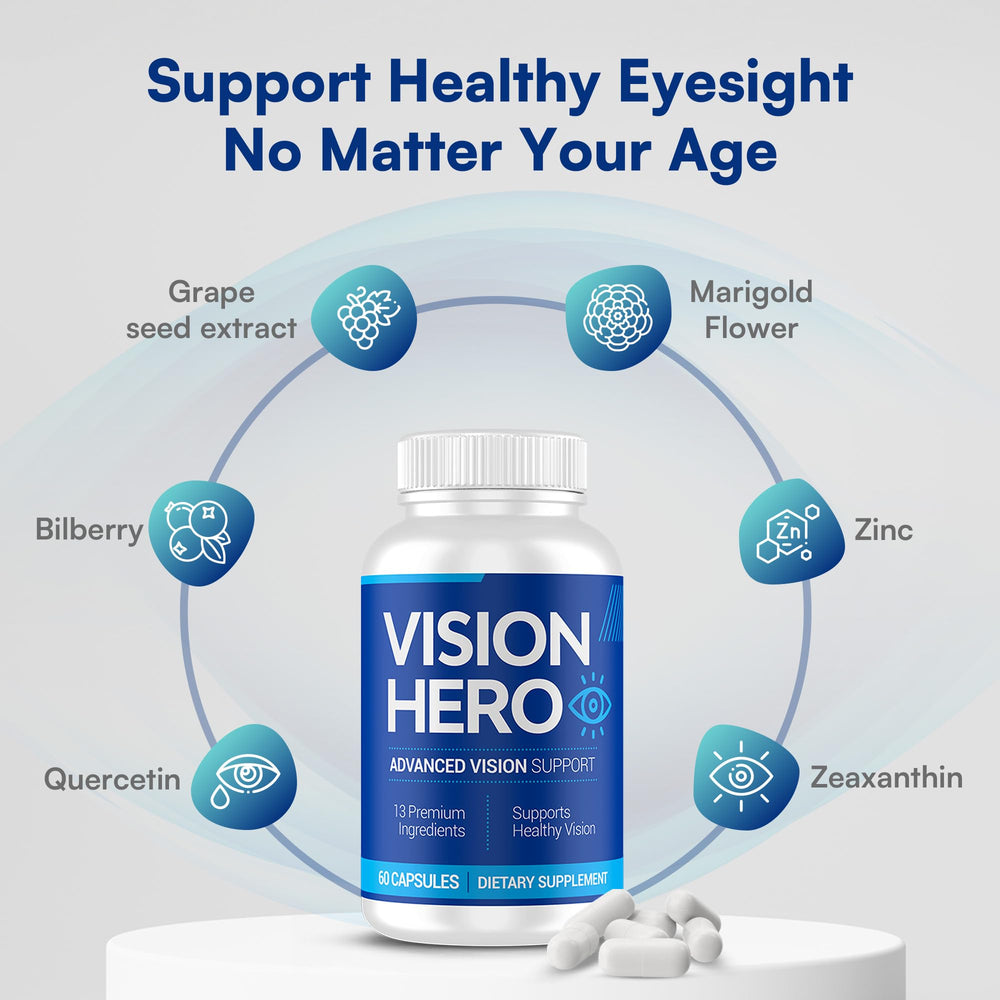 Vision Hero daily-use capsules shown in a close-up image for routine eye care.