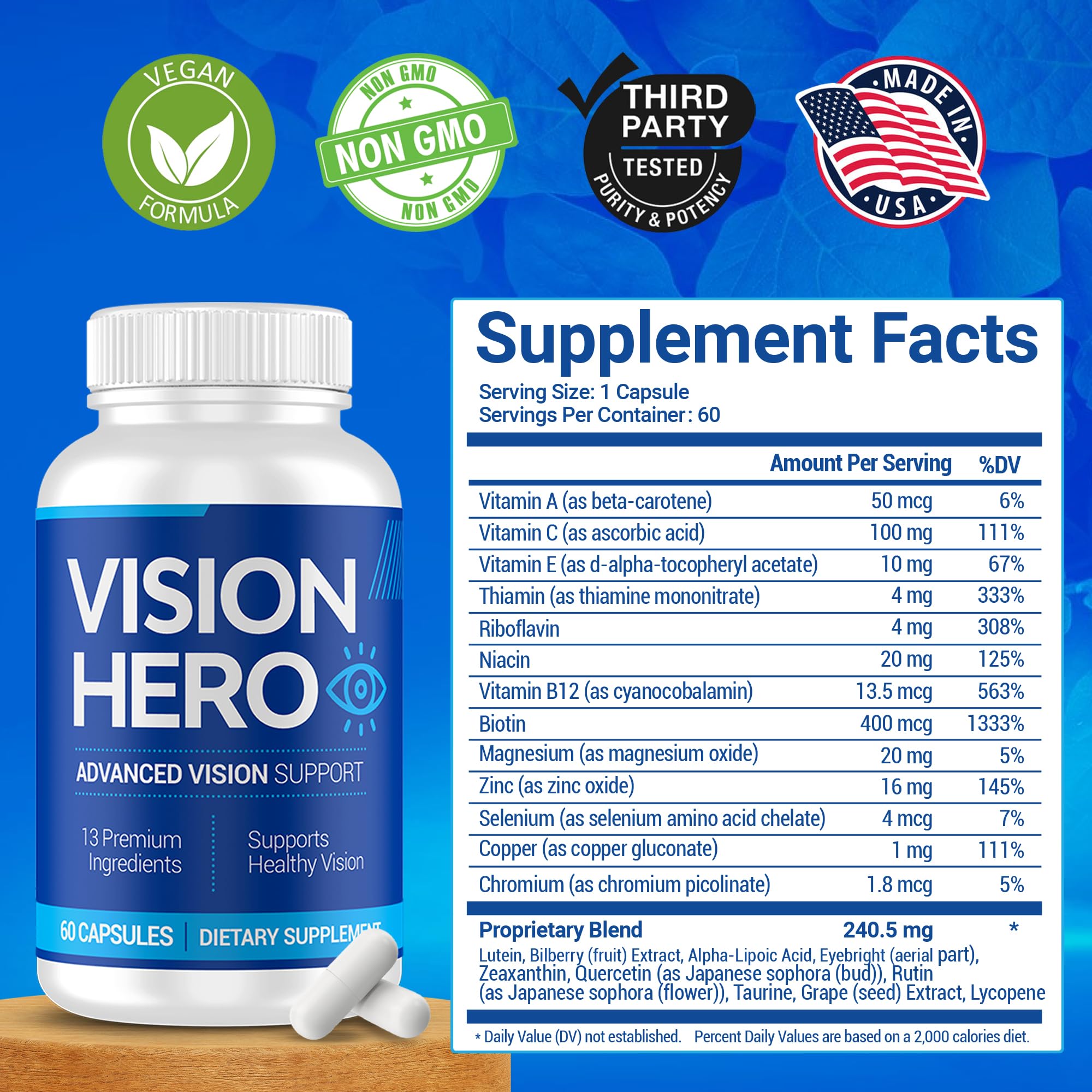Vision Hero GMP-certified facility badge conveys quality manufacturing.