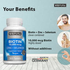 Vispura Biotin tablets on vegan packaging highlighting a pure formula for daily use.