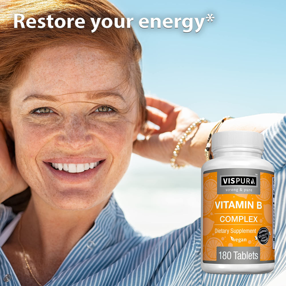 VISPURA Vitamin B-Complex glass bottle on desk signals trust
