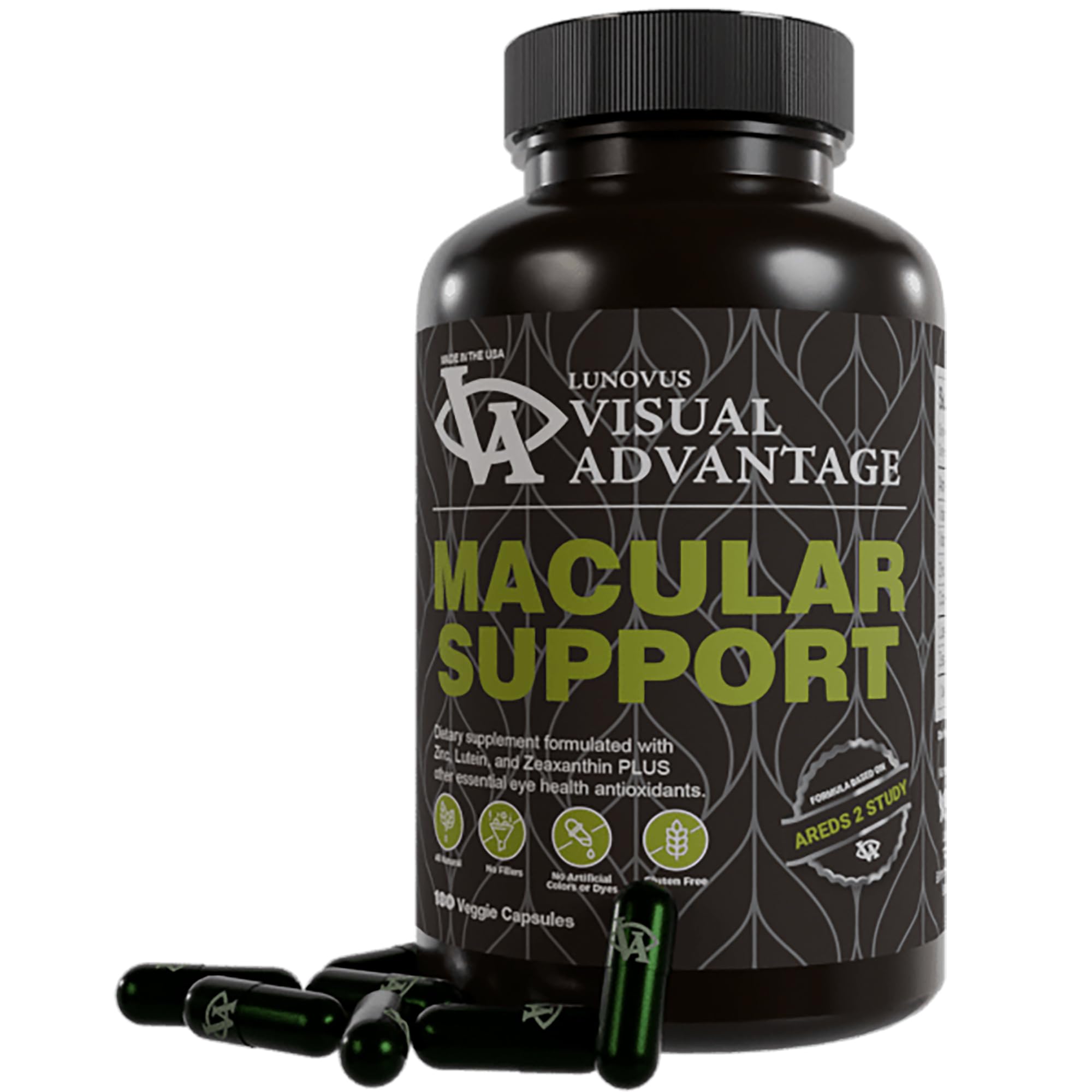 Visual Advantage Macular Support bottle showing 180 veggie capsules for daily eye health