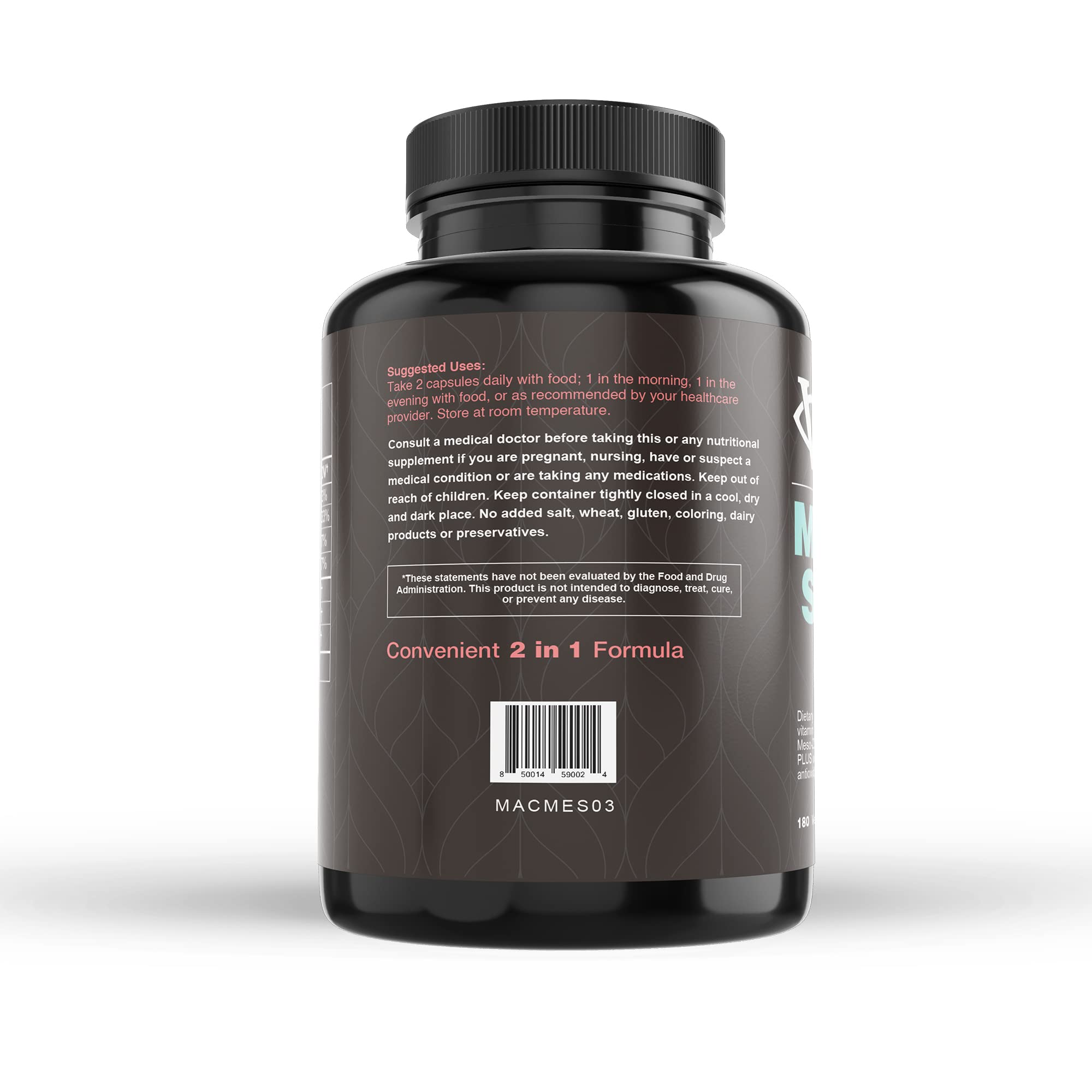Visual Advantage Macular Support Meso-Z bottle back detailing ingredients for retinal support.