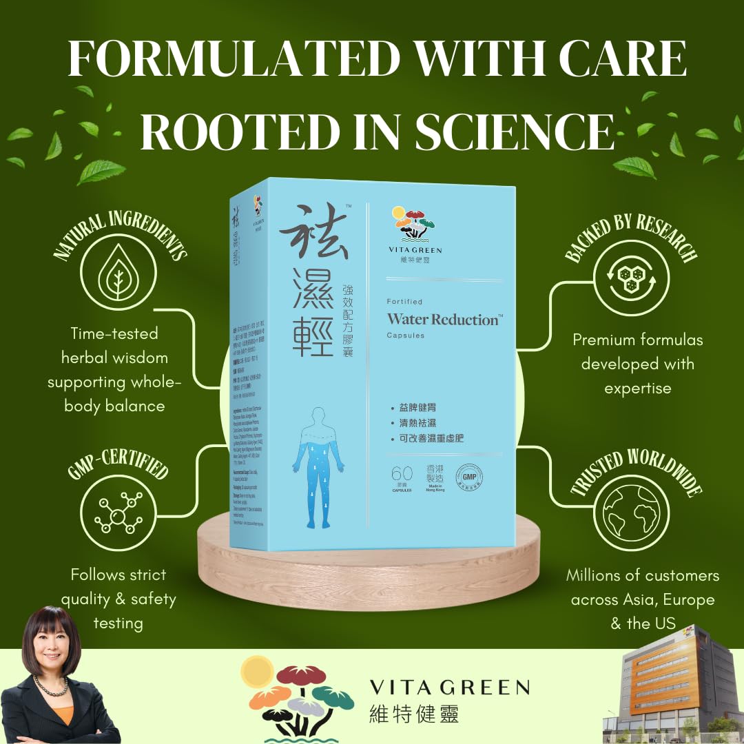 Close-up of Vita Green Water Reduction Pills capsules and herbal blend