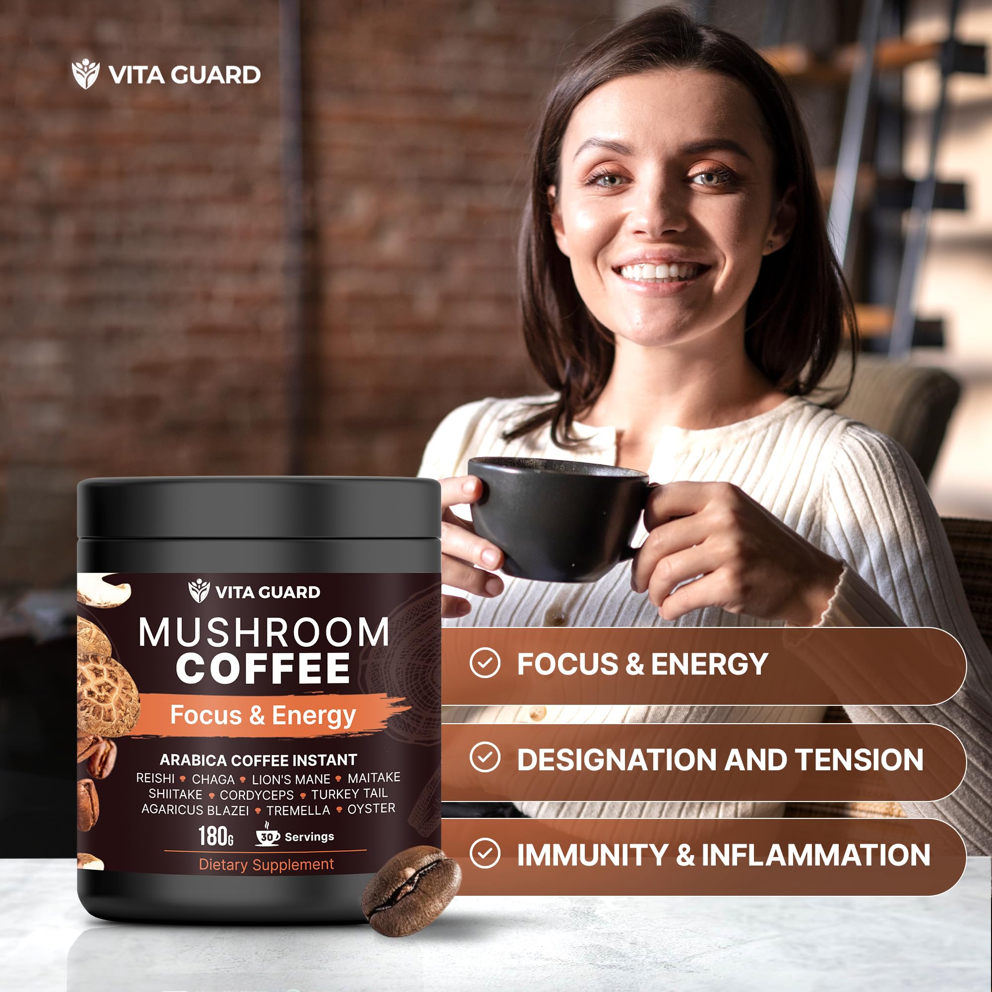 Vita Guard 10 Mushroom Coffee Agaricus blazei label – trusted ingredients