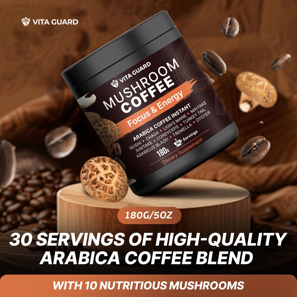 Vita Guard 10 Mushroom Coffee Chaga bag on table – premium packaging