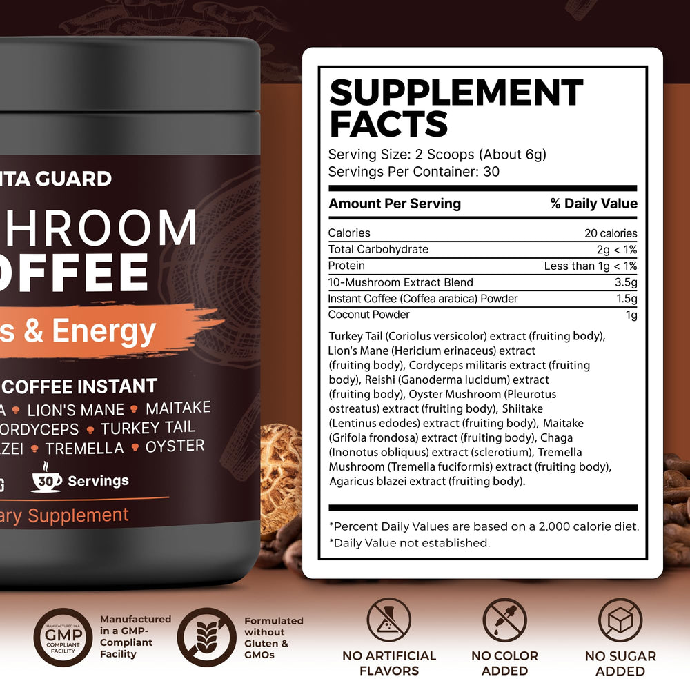 Vita Guard 10 Mushroom Coffee Cordyceps steam in mug – clear energy ahead