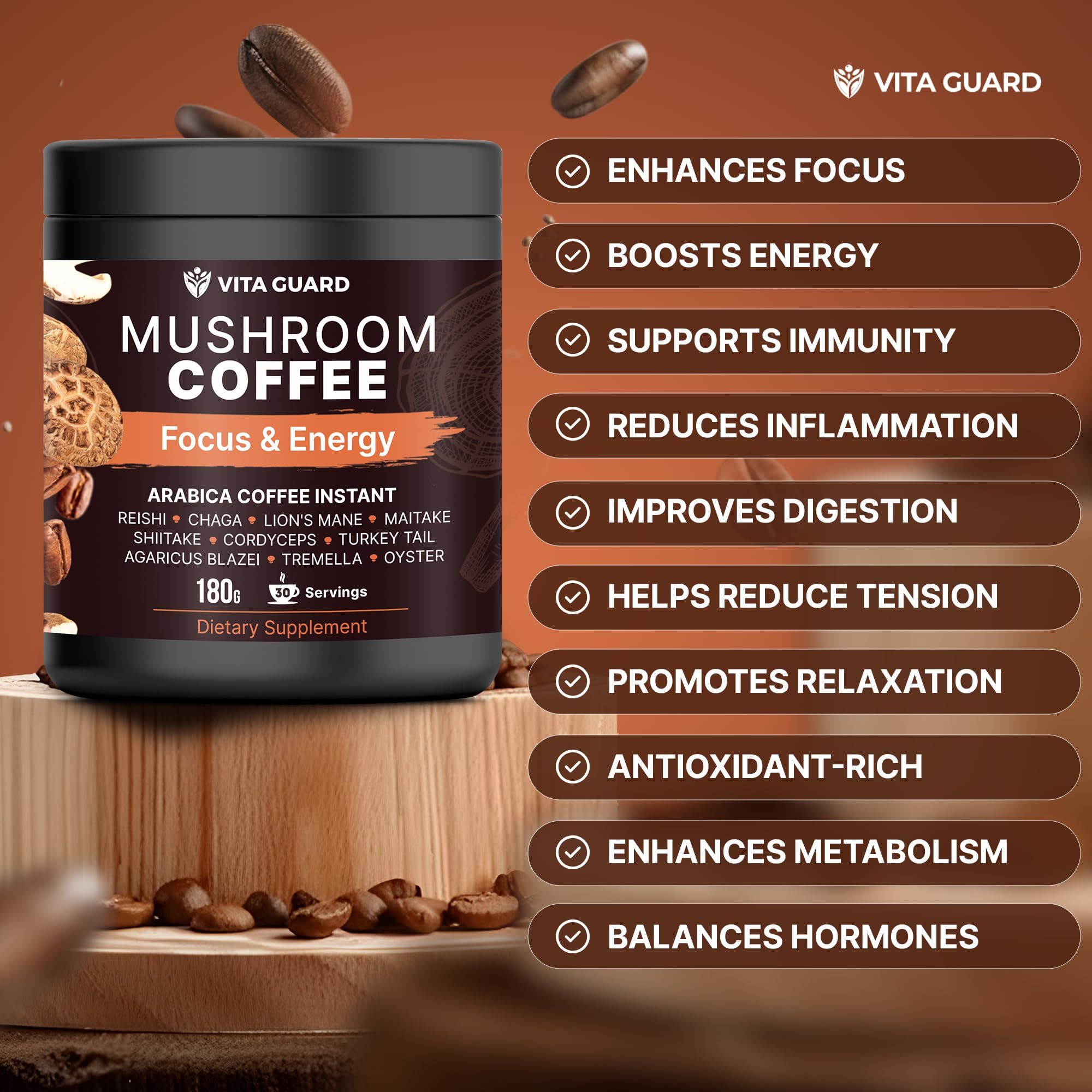 Vita Guard 10 Mushroom Coffee Maitake Shiitake scoop – blend detail