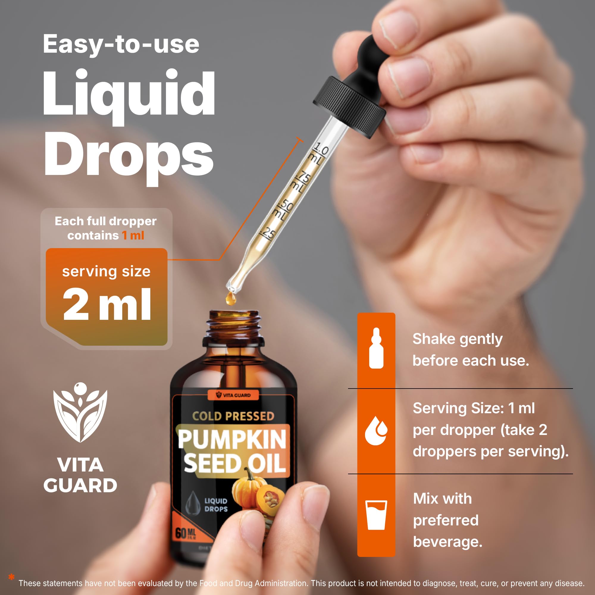 Close-up of pumpkin seed oil ingredients in Vita Guard bottle