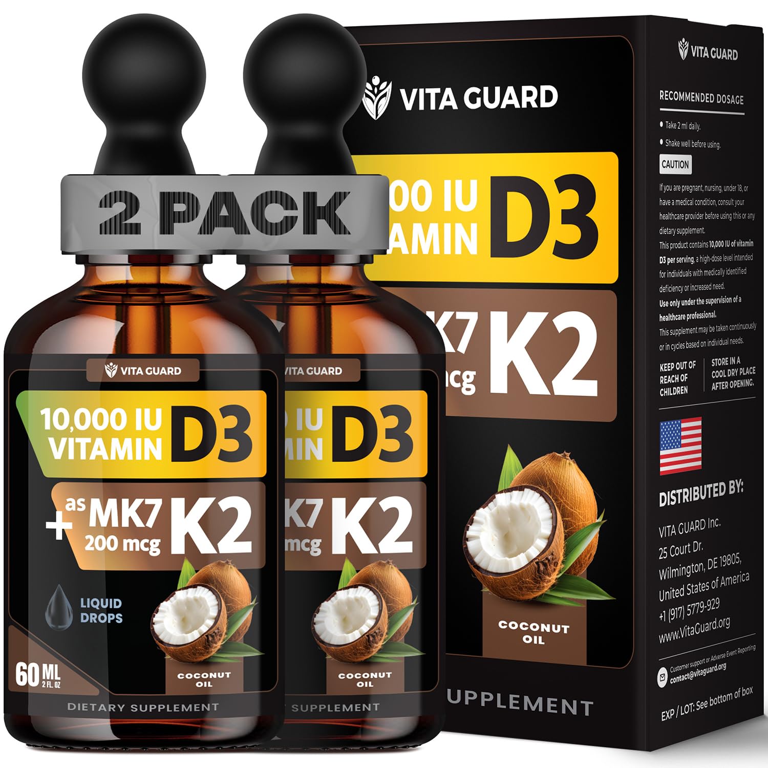 Vita Guard D3K2 drops bottle close-up highlighting high absorption and bone support