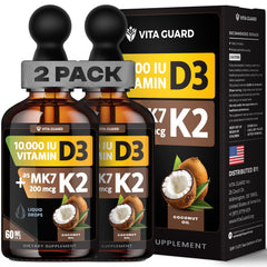 Vita Guard D3K2 drops bottle close-up highlighting high absorption and bone support