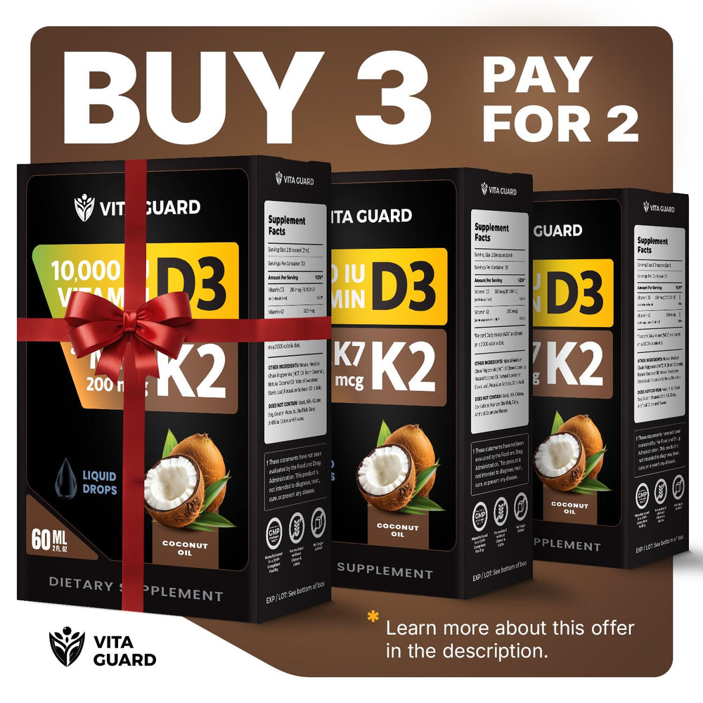 Vita Guard D3K2 liquid drops being poured for easy daily dosing