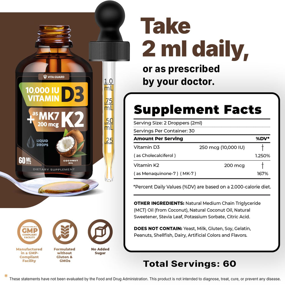 Vita Guard D3K2 drops under tongue for fast, pill-free absorption