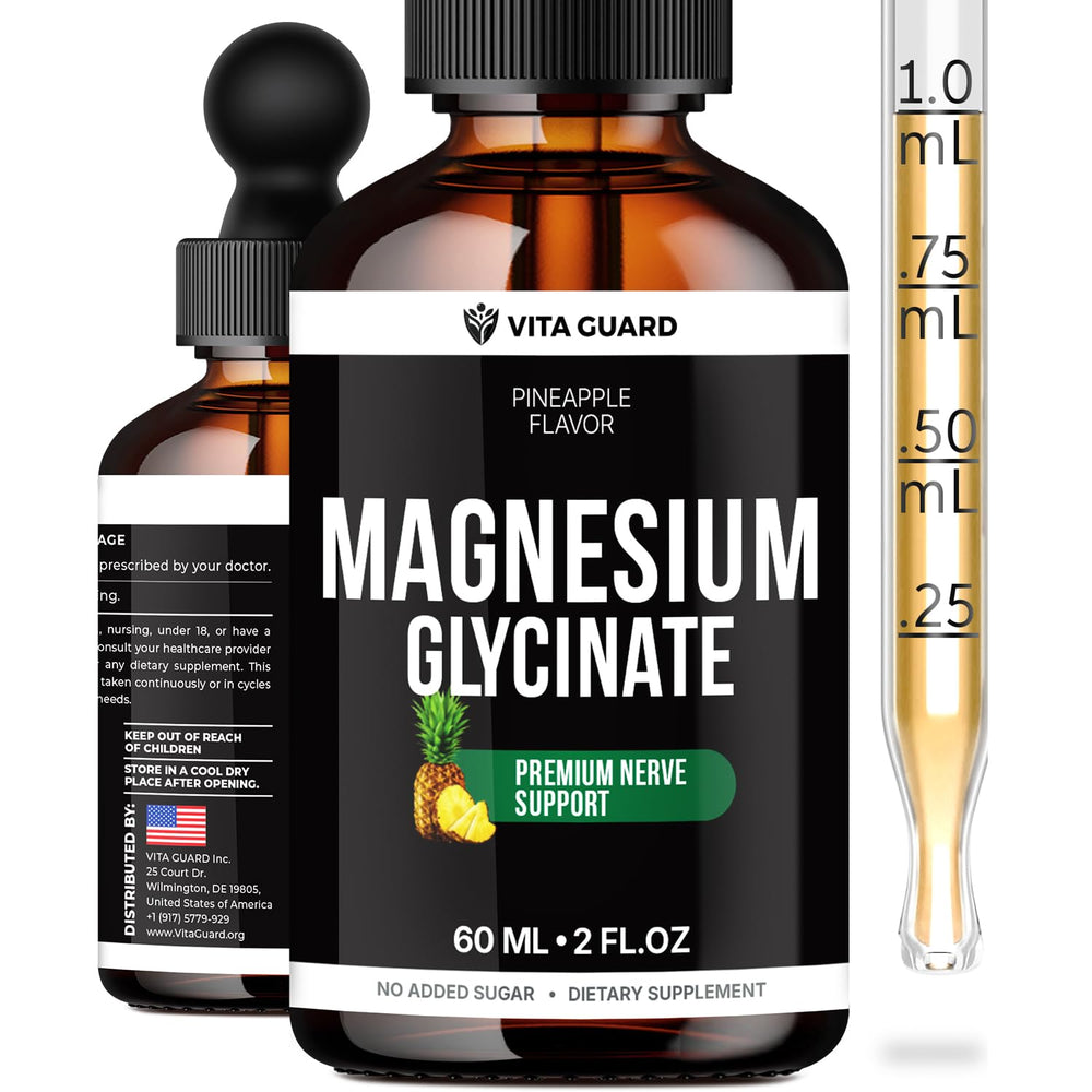 Vita Guard Magnesium Glycinate liquid drops in pineapple bottle for simple daily supplementation.