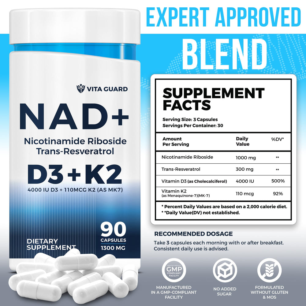 Vita Guard NAD supplement capsules pictured for convenient daily vitality support