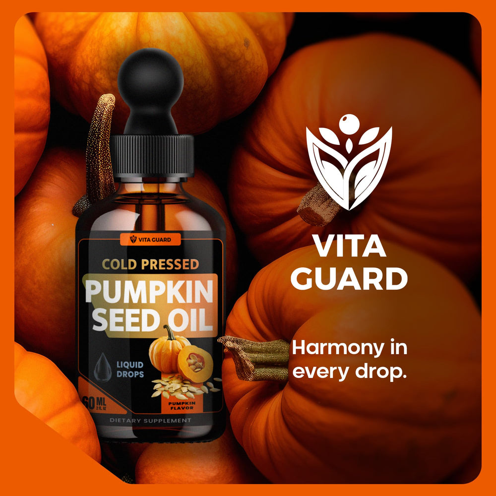 Lifestyle flatlay featuring Vita Guard pumpkin seed oil drops