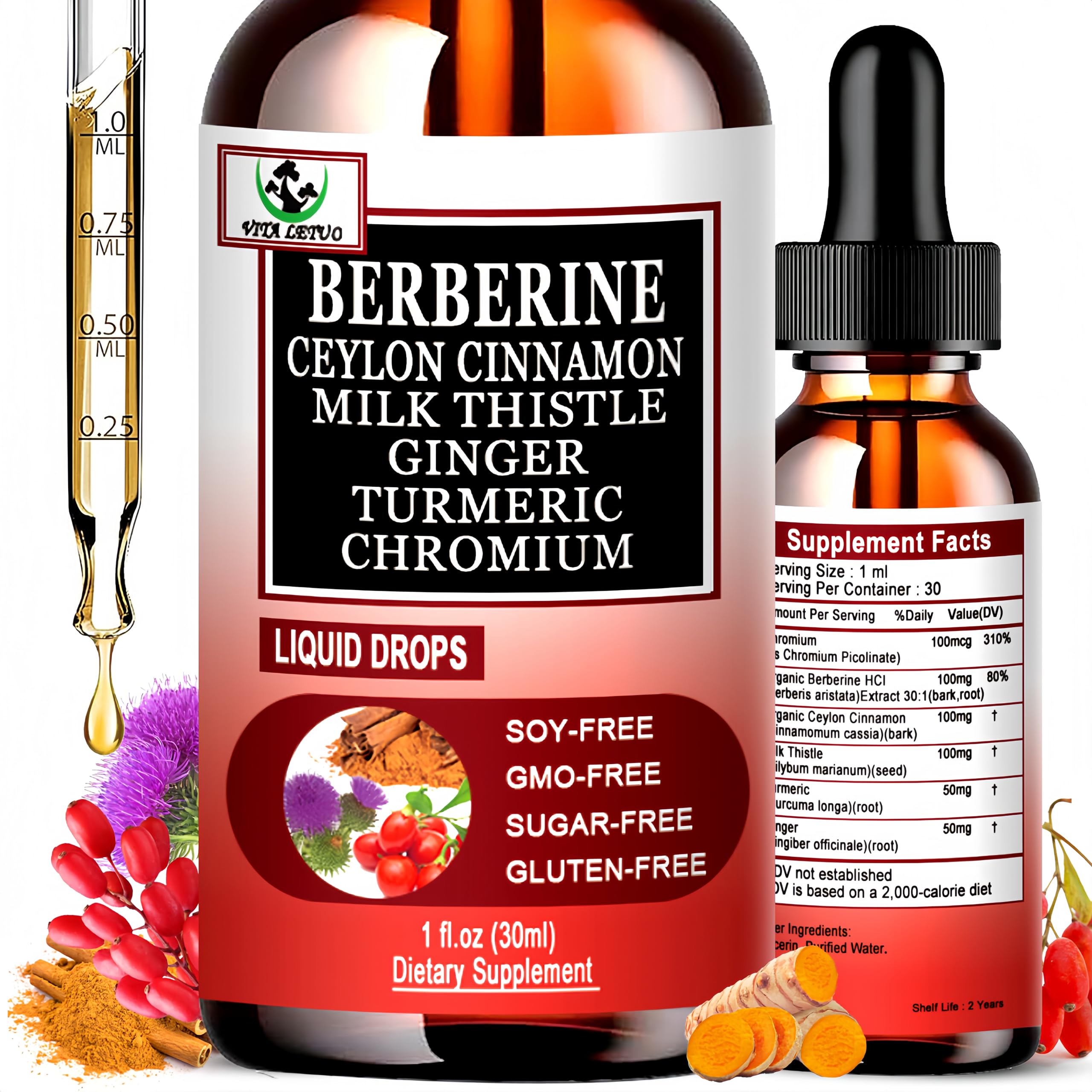 Vita Letuo Berberine Drops bottle and dropper for easy dosing and daily wellness.