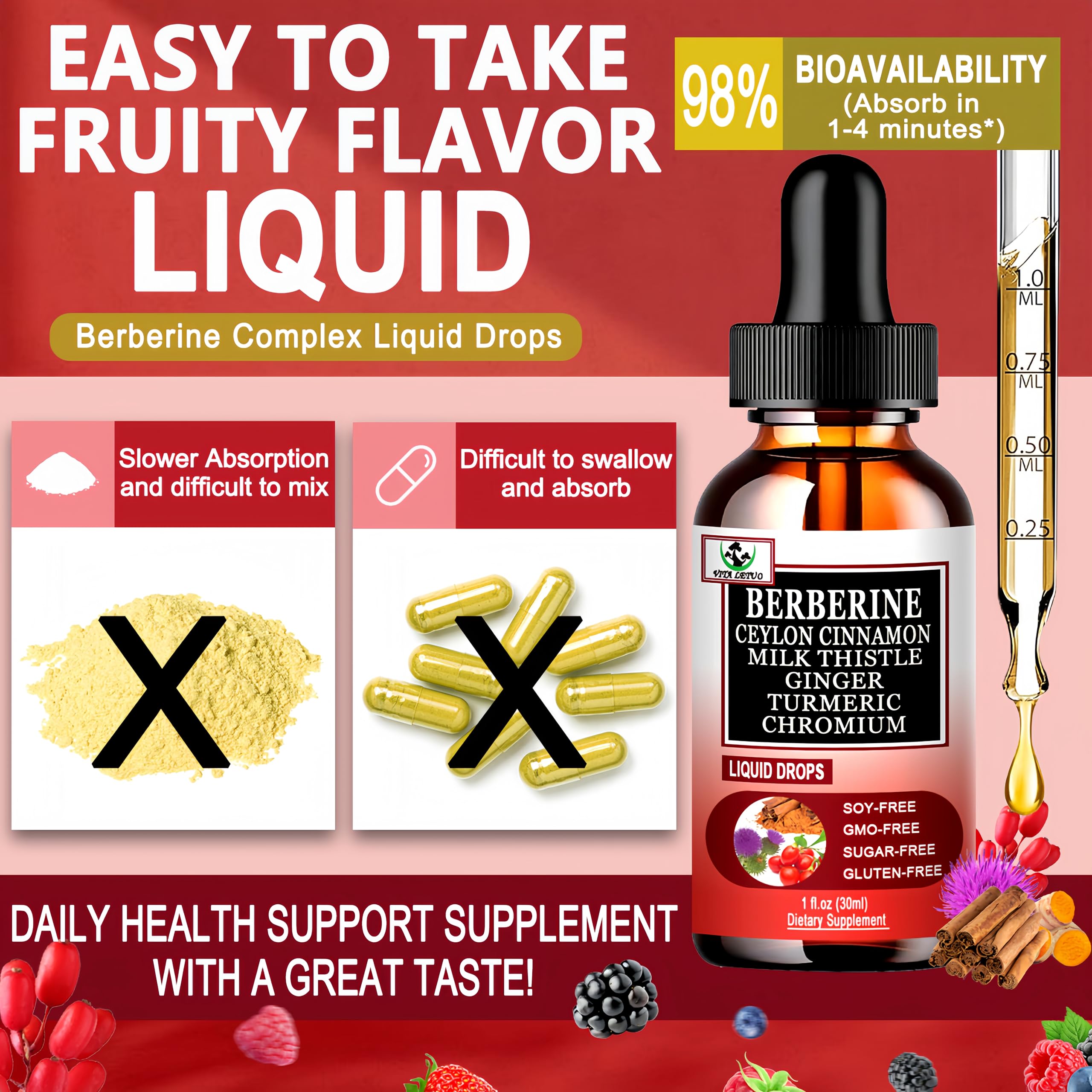 Vita Letuo Berberine Drops with cinnamon and turmeric aroma hints natural spice blend.