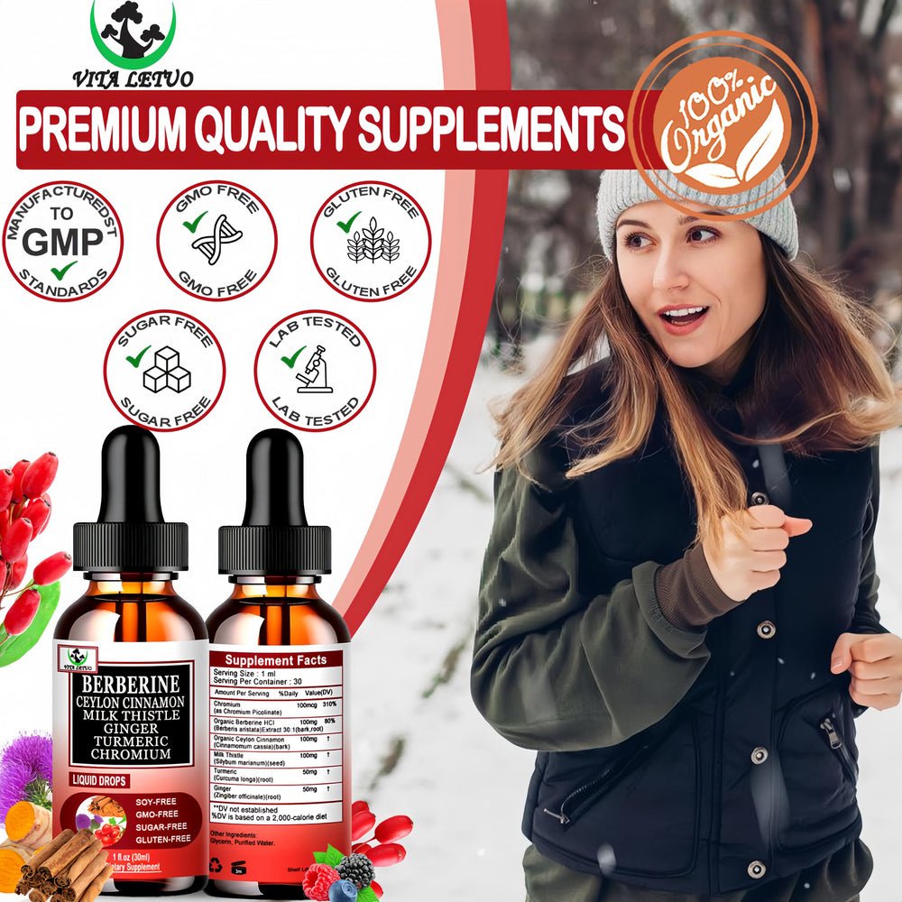 Vita Letuo Berberine Drops packaging on a kitchen shelf for everyday wellness.