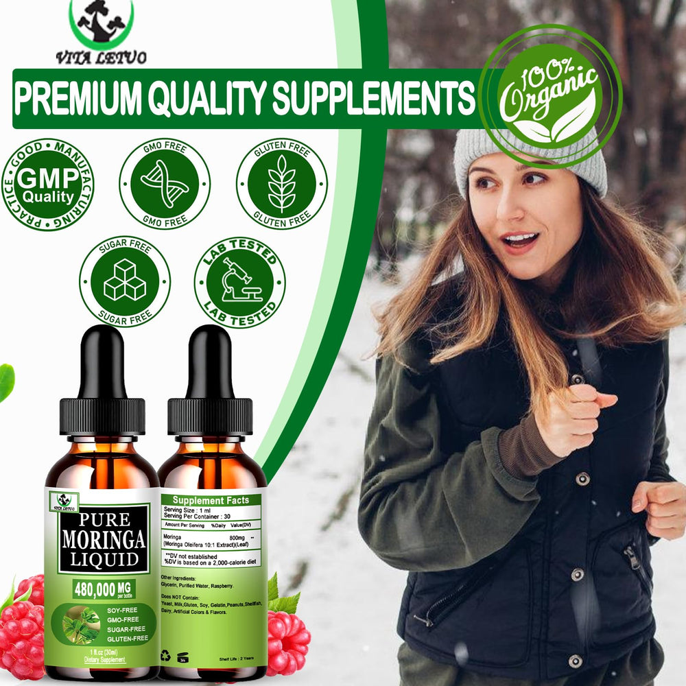 Vita Letuo Moringa Liquid Drops on kitchen counter setup