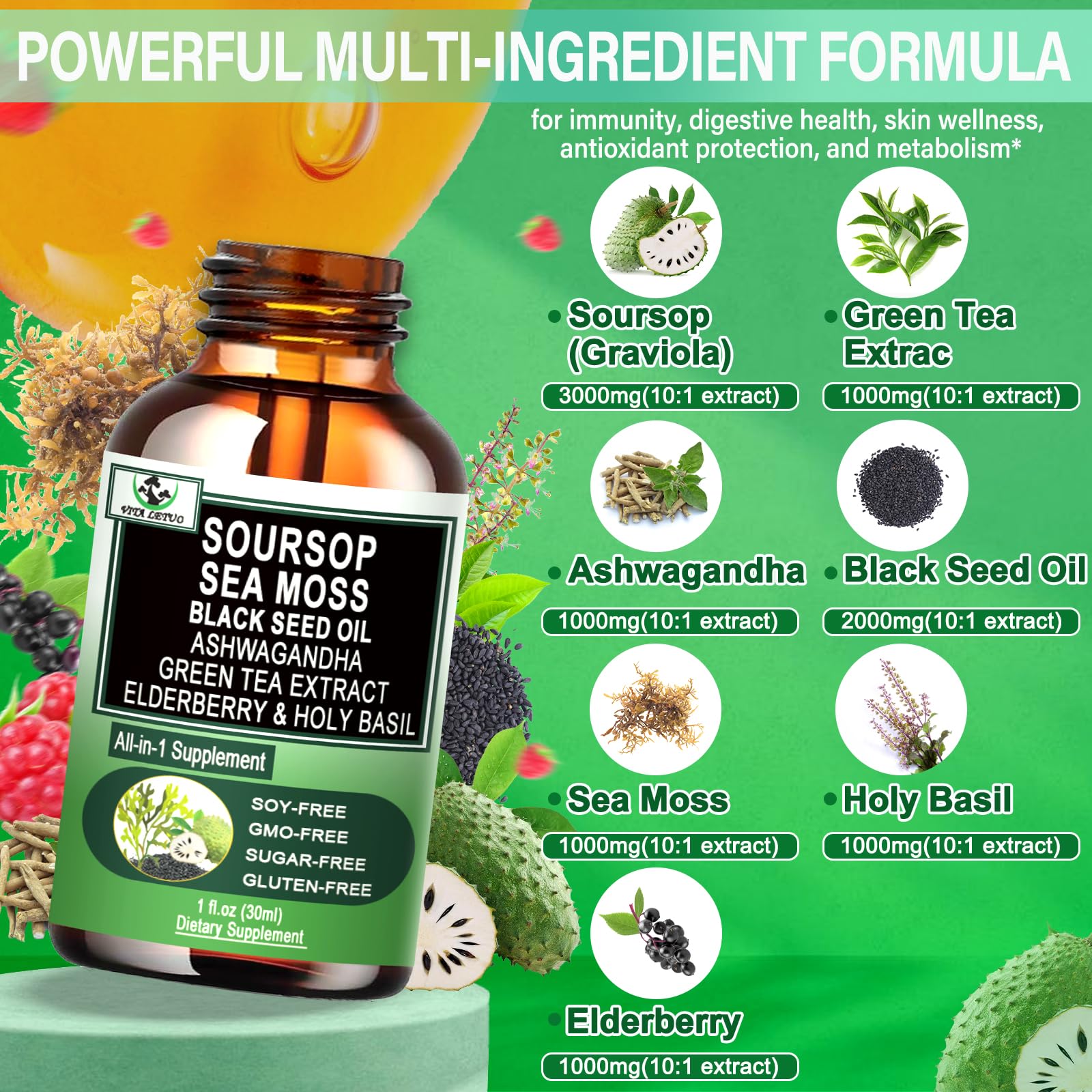 Bottle of Vita Letuo Soursop Drops with black seed oil for wellness benefits.