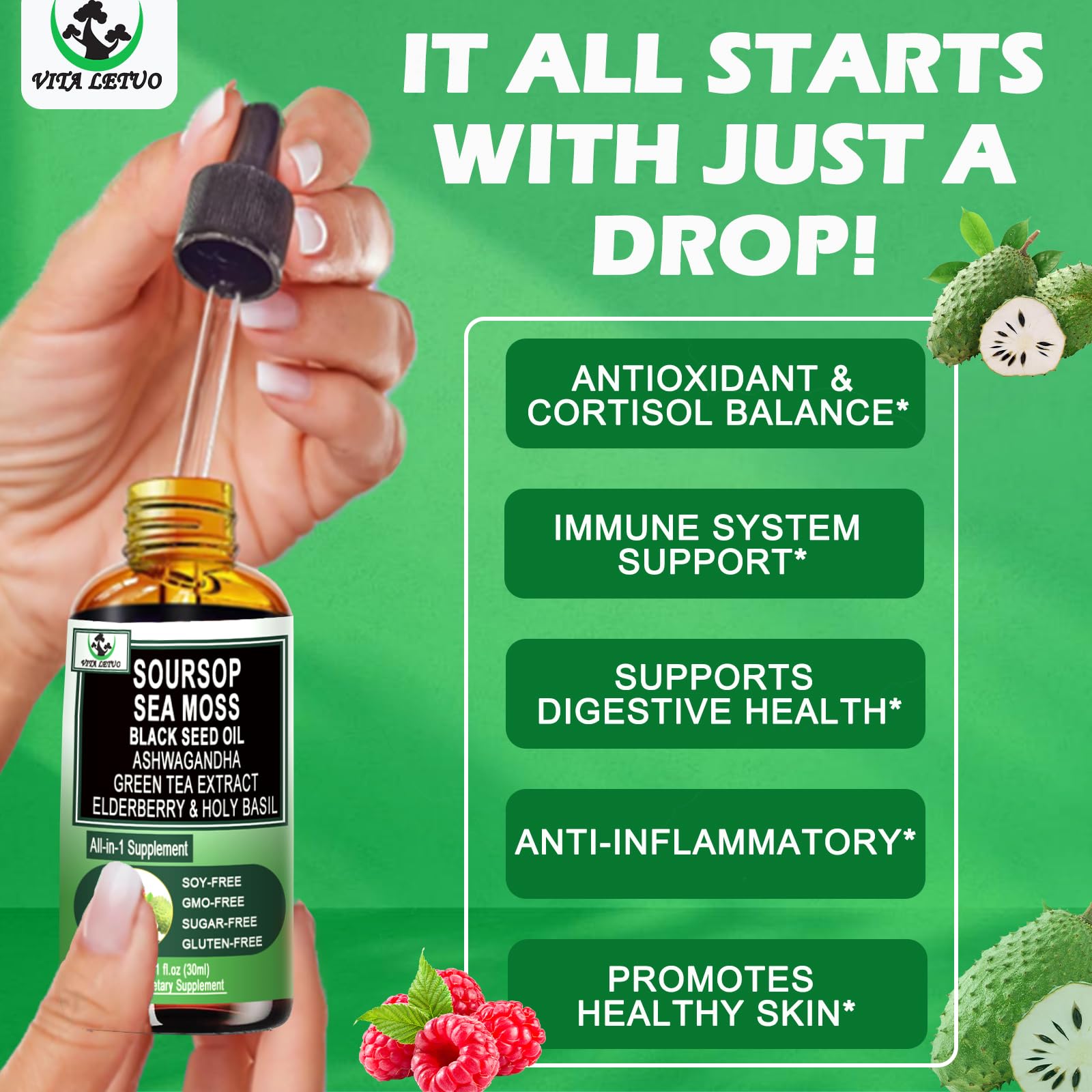 Dropper dispensing Vita Letuo Soursop Drops for easy, gentle daily use.